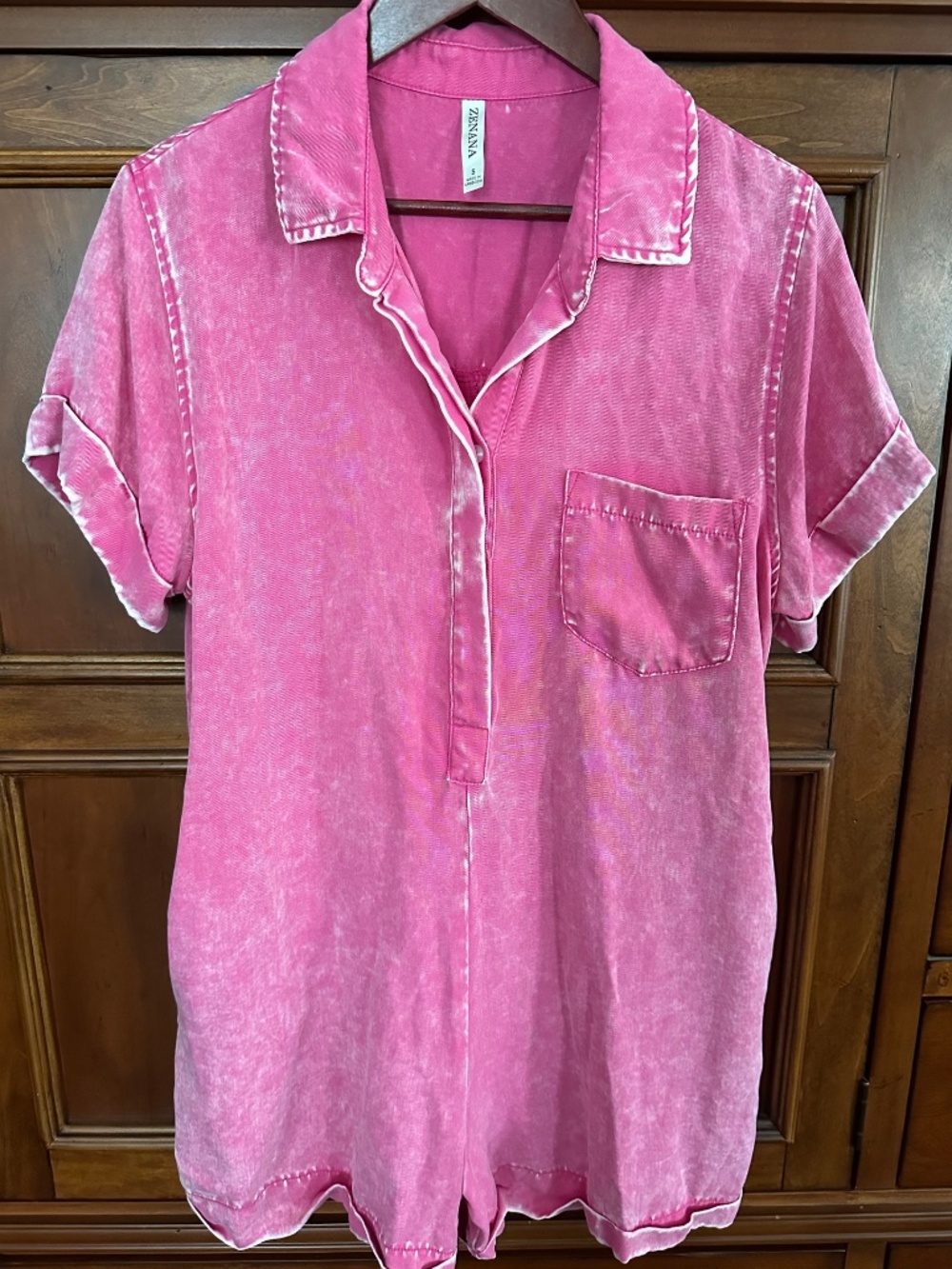Zenana Pink Acid Wash Chambray Pockets Casual Relaxed Tencel Romper Size S